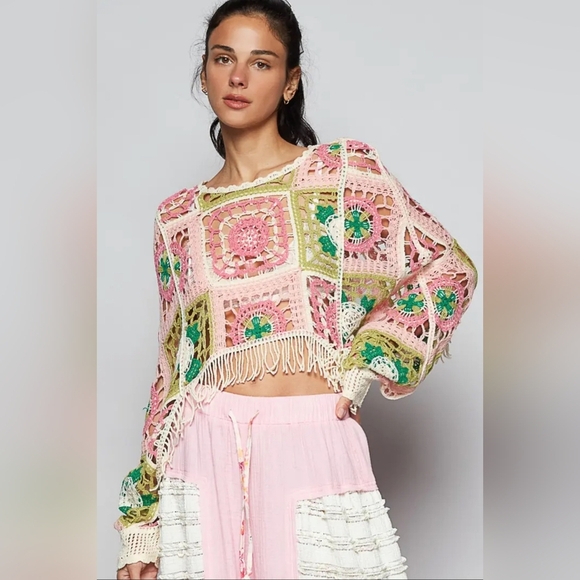 POL Tops - ​POL Round Neck Long Sleeve Crochet Cropped Fit Top Boho Festival Granny Square